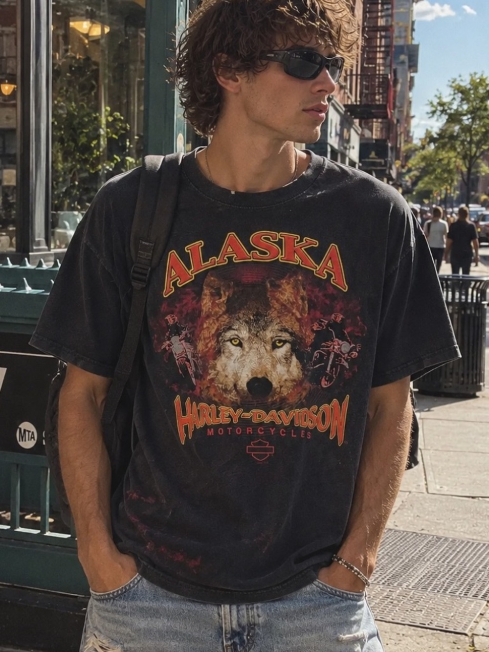2004 Harley-Davidson Wolf Black Tee with Alaska Wolf and Orange Accents